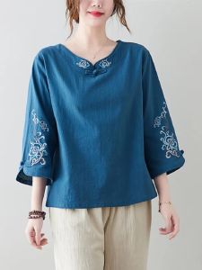 Loose Large Size Cotton Linen Womens T-shirt Ethnic Style Summer New Thin Fashionable Button up Shirt round Neck Short Sleeve