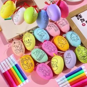 6/12/24PCS DIY Painting Easter Eggs with 6-24pcs Paint Pen Doodle Kit Easter Egg Coloring Craft Kit for Easter Party Gift Bag Fi
