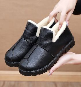 Winter Womens Thermal Shoes Fleece-lined Thickened Leather Waterproof Non Slip K-style Casual Versatile Mom Shoes Slip-on Middle-Aged and Elderly