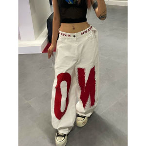ZHIZOU Women White Letter Print Y2k Baggy Jeans 2000s Style Denim Trouser Harajuku Vintage Oversize Hip Hop Jeans Pants Autumn