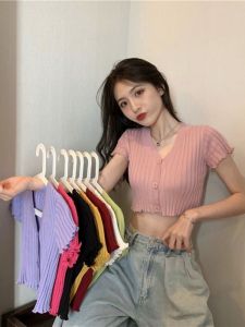 Dễ Thương Áo Thun Ngắn Tay Nữ Gợi Cảm Cay Bé Gái Hiển Thị Bụng Cổ Chữ V Lừa Thô Vòng Eo Tiếp Xúc Với Cạnh Lá Sen Mới Áo Phụ Nữ