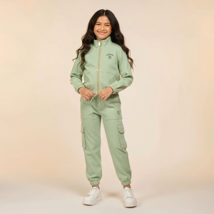 Moose Girl Pastel Green Denim Cargo Jogger Pants With Embroidery Details (GJP-D 7192 MD)