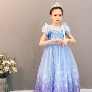 Kids Luminous Snow Queen Dress Sequined Bodice Gradient Blue Tulle Dress Girls Fancy Party Gown for Cosplay Birthday Party