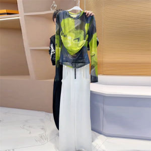 Fashionable Tie Dye Slimming Two Piece Set round Neck High Waist Casual Pants Conceal Flab Young Looking Slimming T Shirt