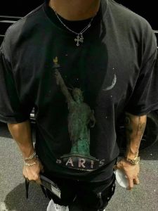 Popdada Paris Statue of Liberty Small Neckline Ripped Washed Distressed Profile Loose High Street Short Sleeve T-shirt