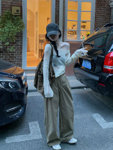 Quần Ống Rộng Cạp Cao Phong Cách Nhật Bản Cổ Điển Màu Kaki Cho Nữ Mùa Xuân Thu Quần Dài Ống Đứng Rộng Rãi