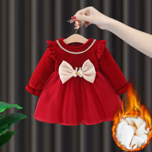 Princess Style Fleece Lined Dress for Baby Girls One Year Old Birthday Party Autumn Winter Cotton Blend Fabric High Waist Skirt