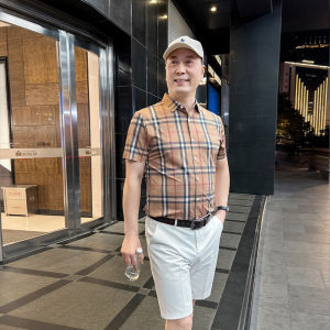 Daddys Short Sleeve Shirt Summer Men Thin Plaid Shirt Business Casual Middle-Aged and Elderly Ice Silk Seamless Tops