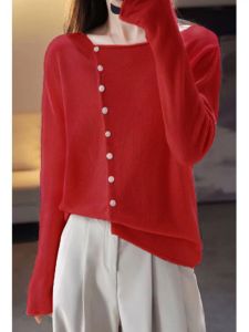 เสื้อคาร์ดิแกนถักคอวีแขนยาวผู้หญิงฤดูใบไม้ร่วง/ฤดูหนาว 2025 เสื้อชั้นในสุดเก๋ไก๋ ดีไซน์เก๋ไก๋ สวมใส่สบาย เสื้อคลุมคาร์ดิแกนถัก