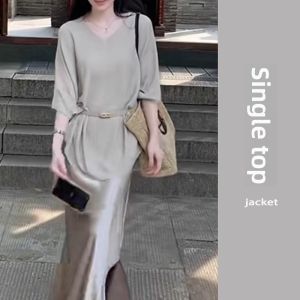 YUEZHONGWEI | Loose Fit V-Neck Ice Silk Short Sleeve Knitwear Womens Summer Design Sensation Slimming Top Korean Style Commute Fashion