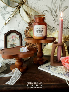 Retro Forest Flower Shaped Wooden High Foot Tray Dessert Plate Afternoon Tea Cake Incense Candle Decoration Tray