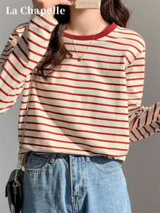 La Chapelle Womens Slim Fit Long Sleeve T-Shirt Pure Cotton Spring Summer New Red Stripe Base Shirt Inner Wear Korean Style
