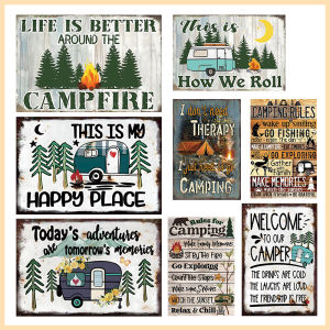 Vintage Camping Quote Metal Tin Sign This Is My Happy Place Retro Wall Art Decor for Camper Cabin Bar Man Cave Plaque Poster