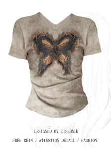 เสื้อยืดแขนสั้นผู้หญิงไซส์ใหญ่สไตล์อเมริกันย้อนยุค ลายผีเสื้อ ทรงเข้ารูป ดีไซน์เก๋ไก๋ แฟชั่นฤดูร้อน