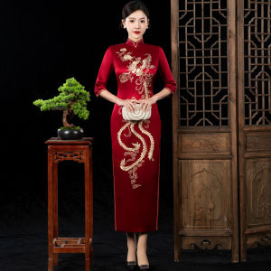 Elegant Embroidered Cheongsam Wedding Guest Dress High-End Acetate Luxury Maternity Qipao for Wedding Guests And Mothers-In-Law