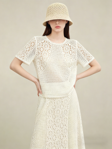 GULILI | French Style Lace Hollow Round Neck Short Sleeve Top and A-Line Skirt Set for Summer
