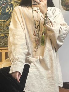 Original Design Pure Color Cotton Linen Shirt for Women Loose Fit Long Sleeves Spring Autumn Chinese Style Vintage Shirt
