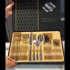 CASSIE 24pcs Luxury High Quality Cutlery Set THICK 304 Stainless Steel Flatware Gift Box Cutlery Spoon Fork Knife Teaspoon