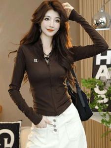 Áo Thun Dài Tay Khóa Kéo Thời Trang Nữ Mùa Thu 2025 Áo Sơ Mi Cơ Bản Đa Năng Thường Ngày Áo Khoác Cardigan Hở Cổ Tròn