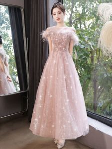 เรียบหรู งานแต่งงานวันเกิดสีชมพู เดรส ผู้หญิง สำหรับงานกลางคืน ชุดราตรี พิธีผู้ใหญ่ Princess Escape กระโปรง สไตล์เกาหลี Banded Mid เอว