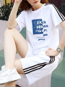 ชุดกีฬาลำลองผ้าฝ้ายแท้แขนสั้น กางเกงขาสั้น ชุดวิ่ง หลวมๆ สองชิ้น สำหรับนักเรียน ฤดูร้อน 2024 คอกลม แขนสั้น ผ้าฝ้ายแท้ 100%