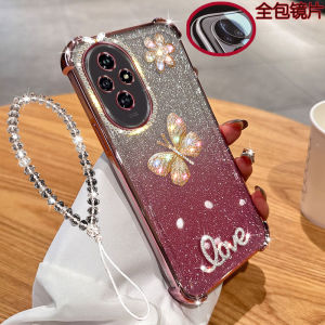 Honor 200 pro 5G Phone Case with Airbag Diamond Embedded Soft Plated Female Style Luxury Shockproof Transparent Butterfly Design