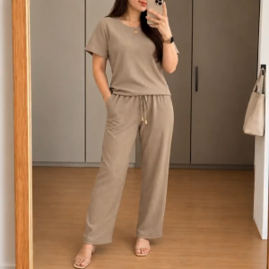 WOMEN’S RIBBED LOUNGE SET 2 PIECE TOP & FULL-LENGTH PANTS | COTTON KNITTED 4X2 RIBBED | RELAXED FIT TERN0 SET WITH POCKETS
