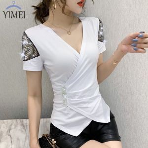 YIMEI Irregular top 2023 summer new fashion design sense heavy work bright diamond short sleeve red T-shirt female temperament womens versatile cotton T-shirt