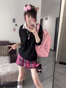 สีดำ แขนยาว เสื้อสเวตเตอร์ ผู้หญิง คอวี เสื้อผ้าชั้นในแบบถักสไตล์เครื่องแบบ JK ฤดูใบไม้ร่วง ฤดูหนาว แฟชั่น หวาน เสื้อสีพื้น