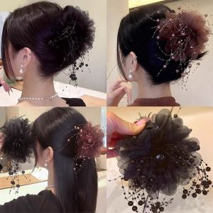 Feather tassel clip for women 2025 new style beads flower tassel shark clip hairpin headdress