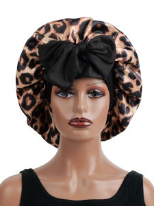 Ladies Fashion Leopard Print Sleep Cap with Long Ribbon Bow And Lace Edge Versatile Hair Accessory for Daily Beauty And Gifting