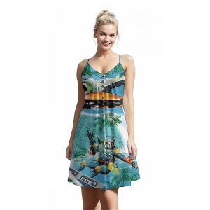 Jumeast Spaceman Pattern Women Fashion Button Sling Dress Palm Tree 3D Printed Beach Elegant Skirt Tropical Hawaiian Casual Clothing