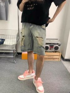 Mens Distressed Denim Shorts Summer 2024 New American Retro Trendy Brand Zip Design Versatile Straight Cut Five-Quarter Pants