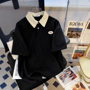 สีดำ เสื้อโปโลแขนสั้นเย็บหน้าอก ลำลอง Contrast ปกเสื้อ เสื้อยืดผู้ชาย ฤดูร้อน สลิมฟิต หลากหลาย โพลีเอสเตอร์ ผ้าฝ้าย Blend