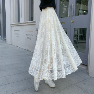 High Waist Midi A-Line Lace Mesh Skirt Womens Spring Autumn New Style Slimming Long Skirt Fashionable Polyester Fiber