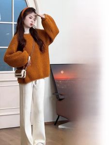 Orange Knitted Sweater High Waist Straight Leg Pants Two Piece Set Lazy Chic Autumn Winter Womens Fashion Commute Style