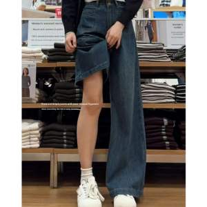 plus Size Womens High Waist Wide Leg Jeans Autumn Winter Loose Slimming Drapey Straight Long Pants Retro Style Casual Trousers