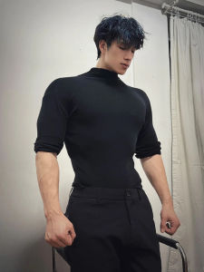 Black Slim Fit Long Sleeve T-Shirt Half High Collar Autumn Winter Style Heavy Inner Wear Fleece Lined Sweatshirt Base Layer Shirt
