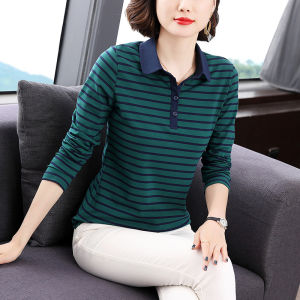 เสื้อยืดคอโปโลแขนยาวผ้าฝ้ายแท้สำหรับผู้หญิงวัยกลางคนและผู้สูงอายุ เสื้อเชิ้ตทรงสลิมฟิต เสื้อเชิ้ตคอปกเส้นทางที่สวมใส่สบาย