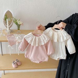 Phong Cách Hàn Quốc Mùa Thu Cho Bé Gái Tay Dài Jumpsuit Ngọt Ngào Dễ Thương Ren Cổ Búp Bê Màu Trơn Body Cho Bé Gái 0-1Y