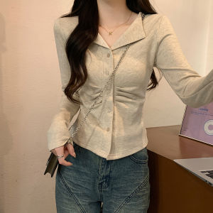 Slim Fit Long Sleeve Polo Neck T-Shirt Womens Spring Autumn Thin Shoulder Design Korean Style Commute Pure Color Base Shirt