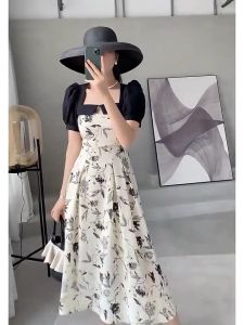 Waist Retraction Flower Long Dress Square Neck Bubble Sleeve Dress Women Summer Vintage Dress SimpleMill
