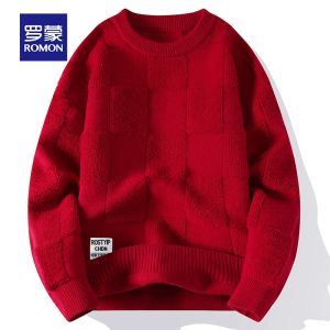 ROMON | Romon Mens Knitted Sweater Casual Loose Fit Thickened Round Neck Pullover Winter Fashion Youthful Style Long Sleeve Warmth