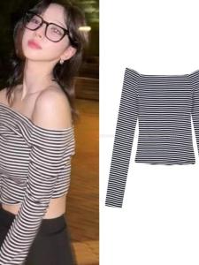up and on K-style Liu Zhimin Same Beginning off-Shoulder Stripes Color Matching Long Sleeves T-shirt Tops