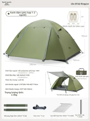 The Primitive | Lều Cắm Trại Cho 1-2 Người 2 Lớp Khung Nhôm Chống Mưa Gió Nhẹ Gọn Cho Trekking