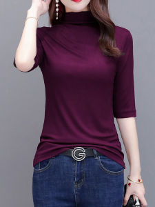 Spring Summer New plus Size Womens T-Shirt Half High Collar Thin Modal Ribbed Five Sleeve Knitted Half Sleeve Base Shirt