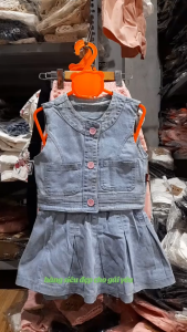 Sét JEAN  Áo Ba Lỗ croptop mix chân váy xếp ly cho bé gái