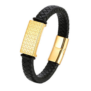 New Year Dragon Gold Great Wall Pattern Mens High Aesthetic Black Leather Rope Bracelet Wide Version Lucky Hand Rope