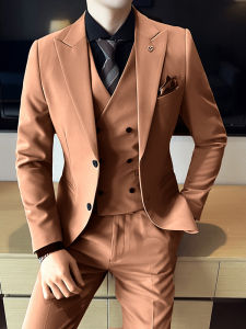 Slim Fit Wedding Suit for Men Brown Casual Western Wear Autumn Collection Standard Collar Double Breasted No Ironing Required