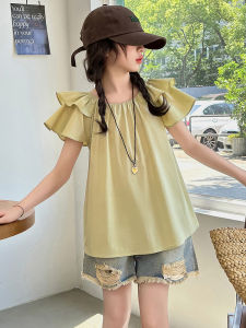 Girls Summer Short Sleeve T-Shirt French Fly Sleeve Base Shirt Thin 9 Childrens Summer Outfit Top Half Sleeve round Neck Tee